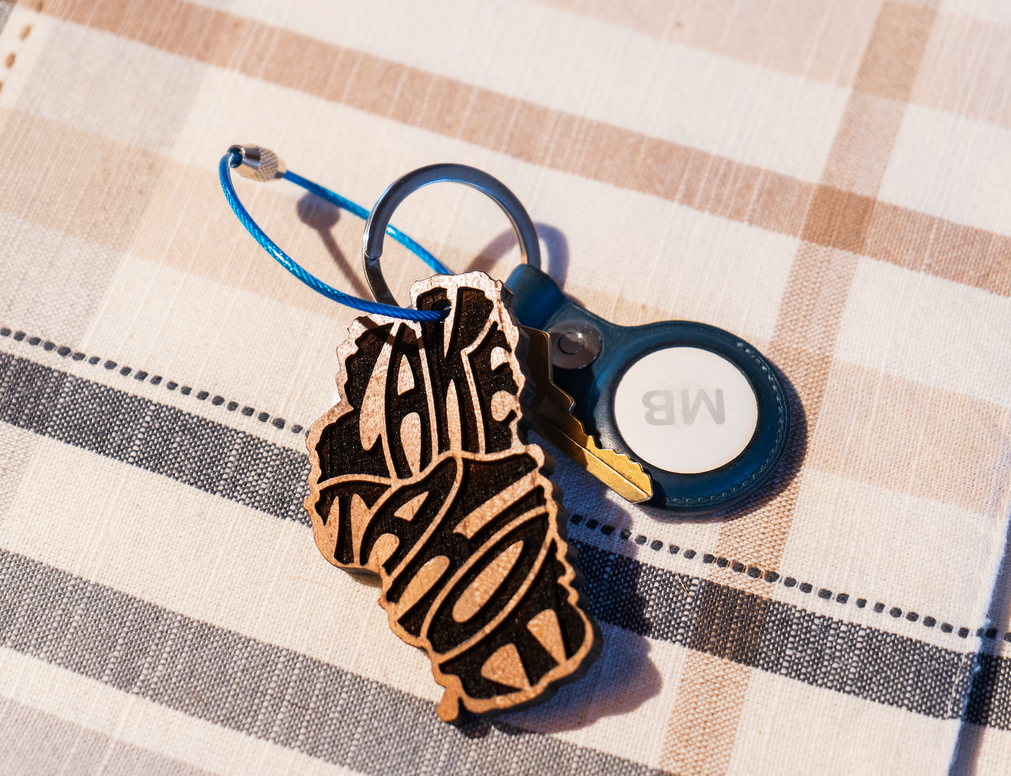Lake Tahoe Key Chain - Thick Teak Wood - Laser engraved Word Art