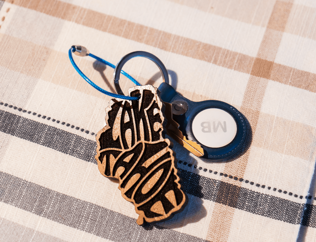 Lake Tahoe Key Chain - Thick Teak Wood - Laser engraved Word Art - Rustic Incline