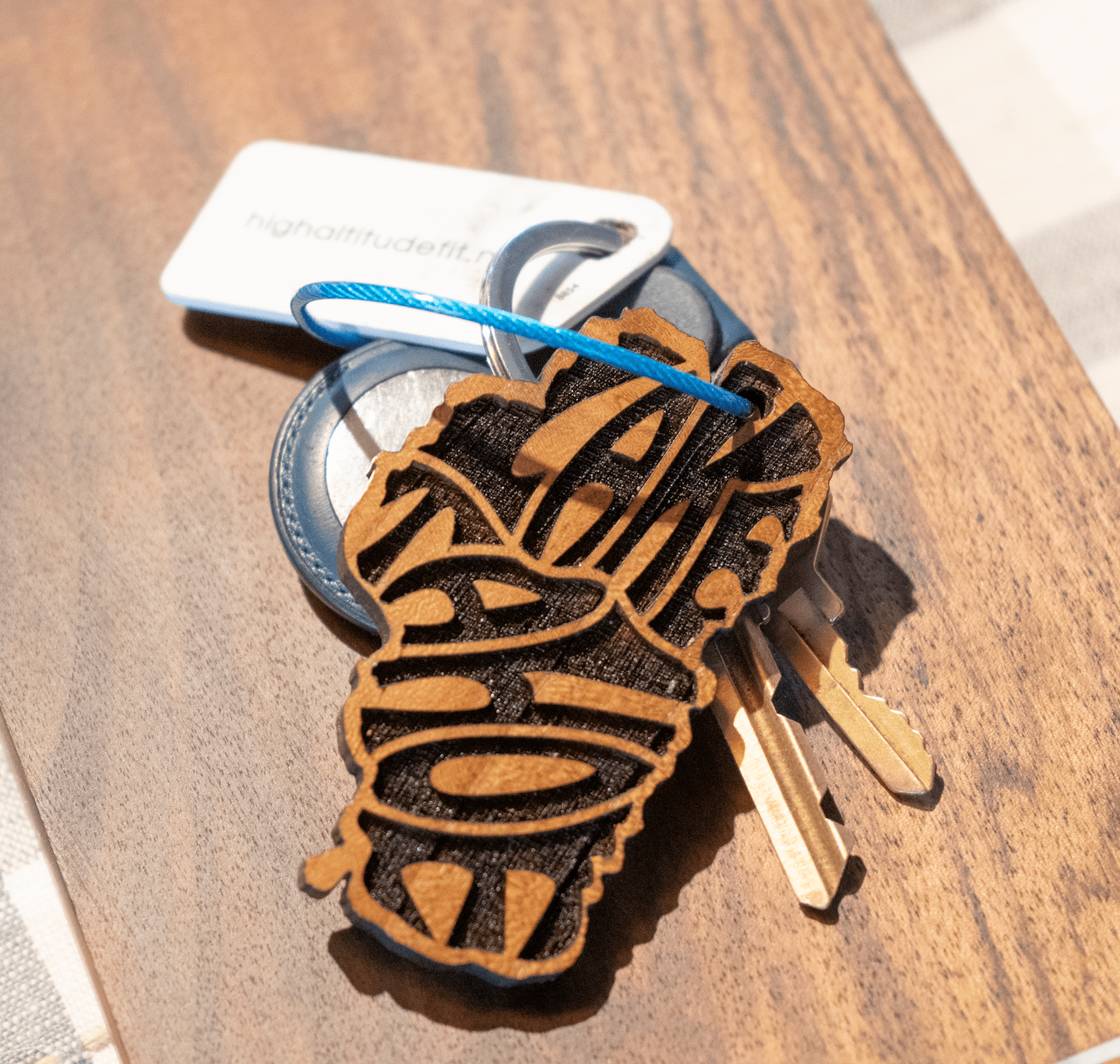 Lake Tahoe Key Chain - Thick Teak Wood - Laser engraved Word Art - Rustic Incline