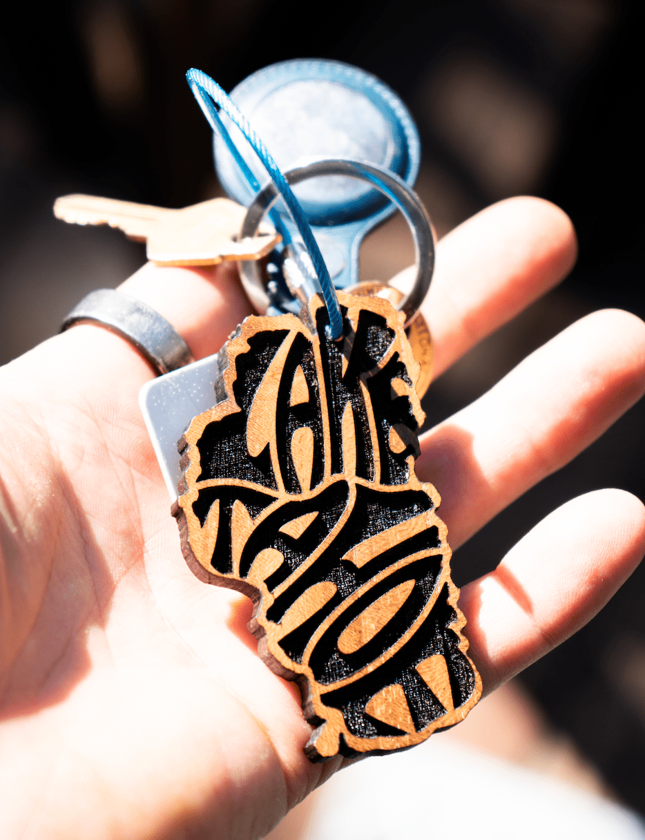 Lake Tahoe Key Chain - Thick Teak Wood - Laser engraved Word Art - Rustic Incline