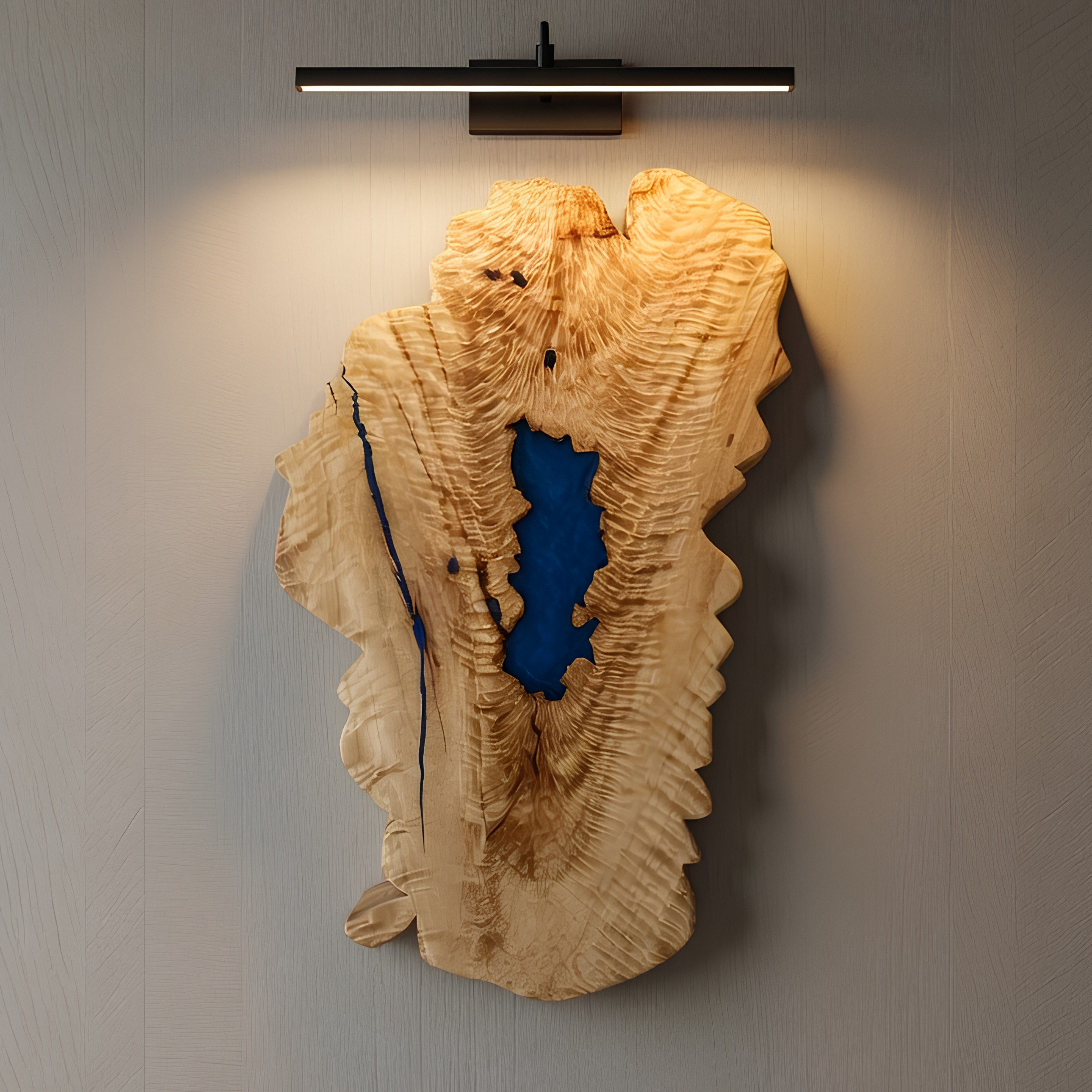 Handcrafted Lake Tahoe Wall Art — Figured Maple with Blue Epoxy Inlay