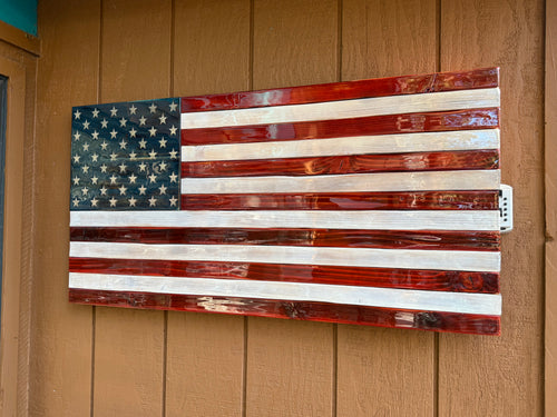 Distressed Wood American Flag Wall Art – 19x38 – Epoxy with Shou Sugi Ban